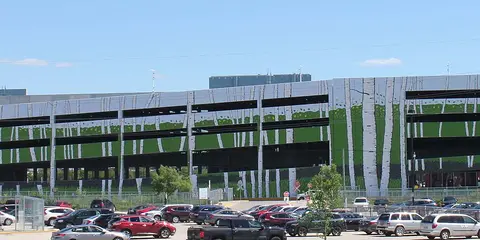The Club Regent Casino complex in Winnipeg: the parkade wall with its birch-tree mural